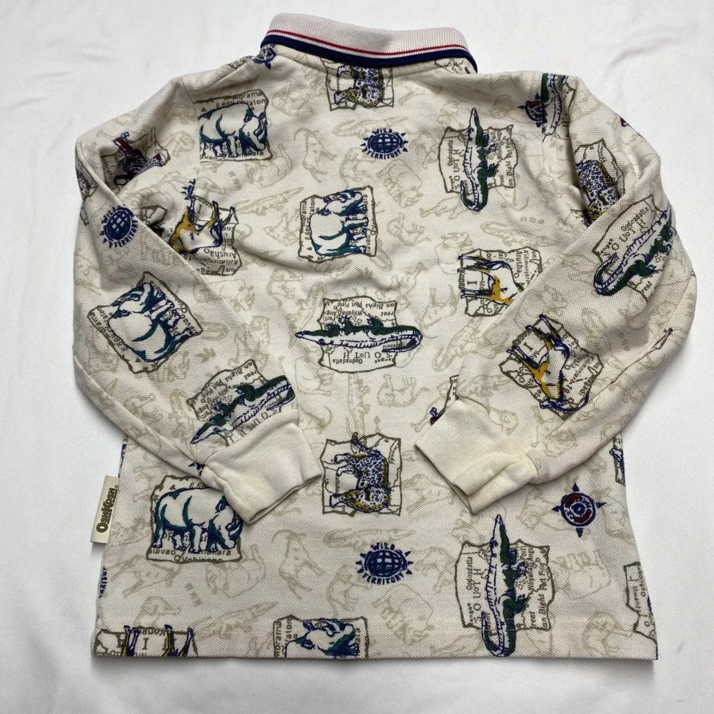 Vintage OshKosh Bgosh Boys 4T Safari Animal Print Long Sleeve Polo Shirt USA